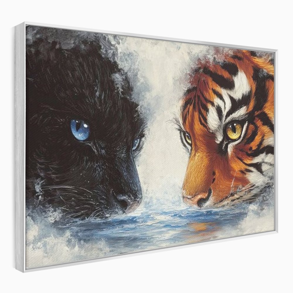 Tablou canvas cu tablou canvas cu pantera si tigru, in rama de aluminiu argintiu